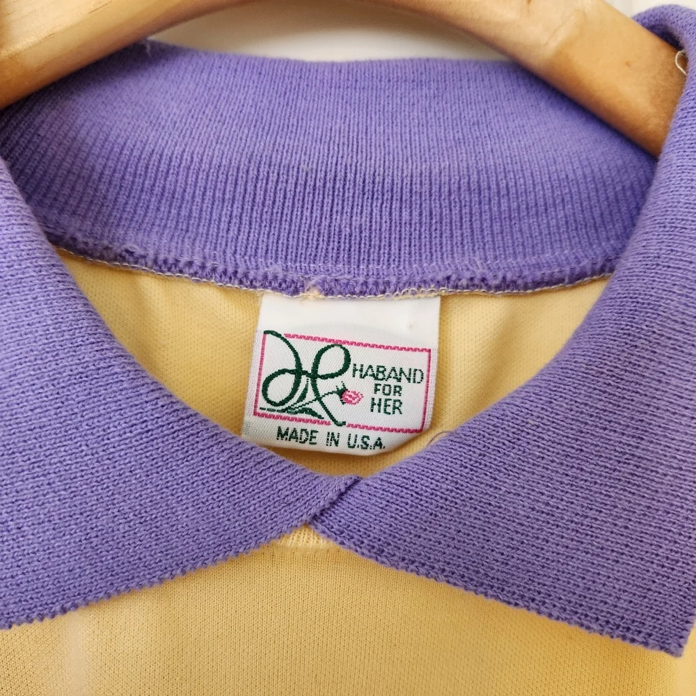Vintage Haband For Her 80s 90 Granny Yellow Top Purple Collar Short Sleeve Large - Picture 6 of 17